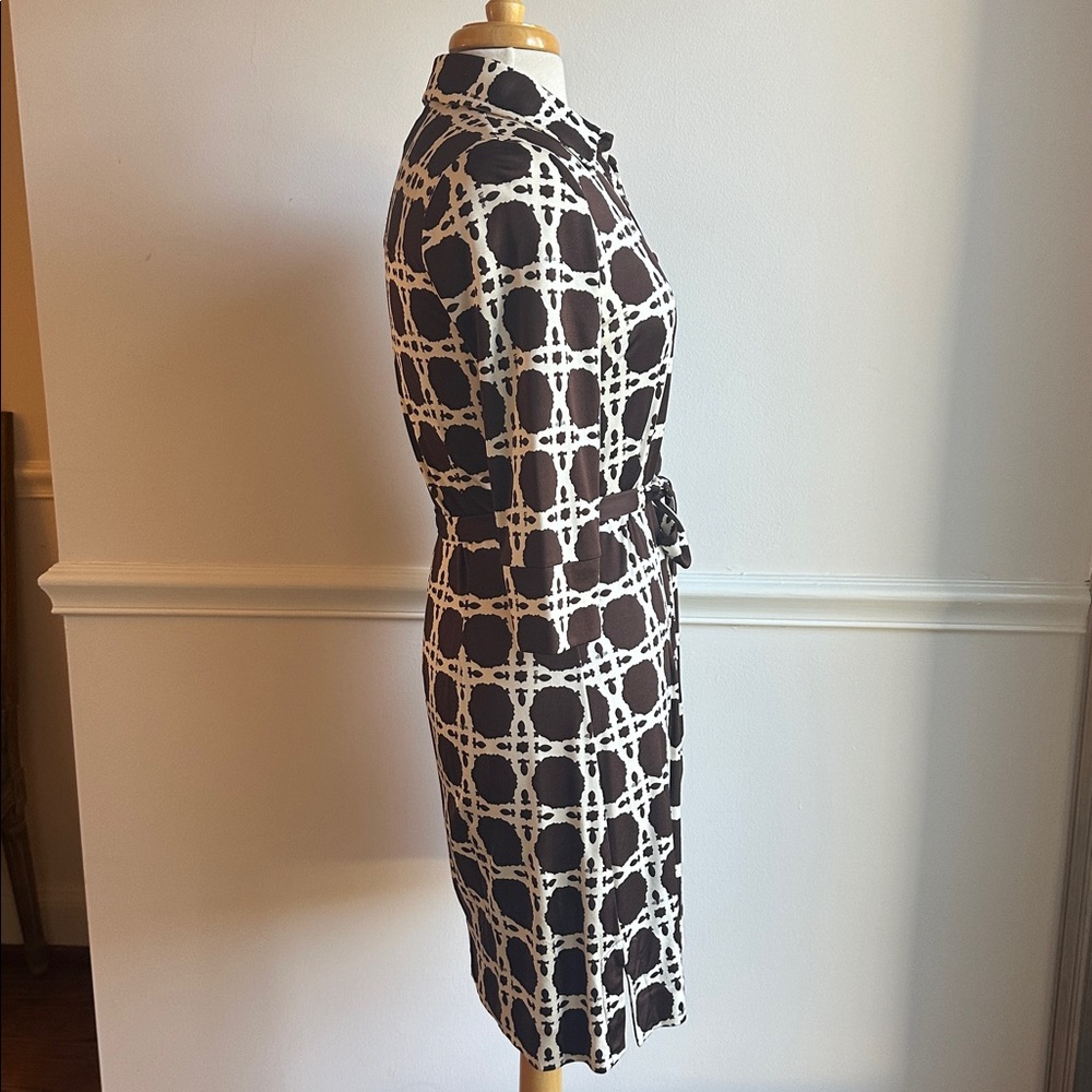Women Lilly Pulitzer Brown Silk Geometric Shirt Belted Fall Career Dress 6 EUC - Picture 3 of 7